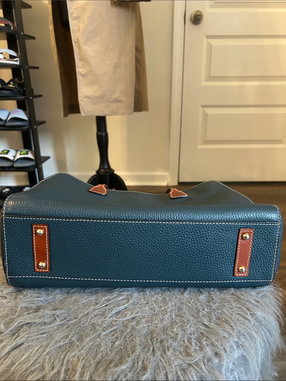 Dooney & Bourke Teal Pebbled Leather Tote with Brown Trim - Picture 9 of 9